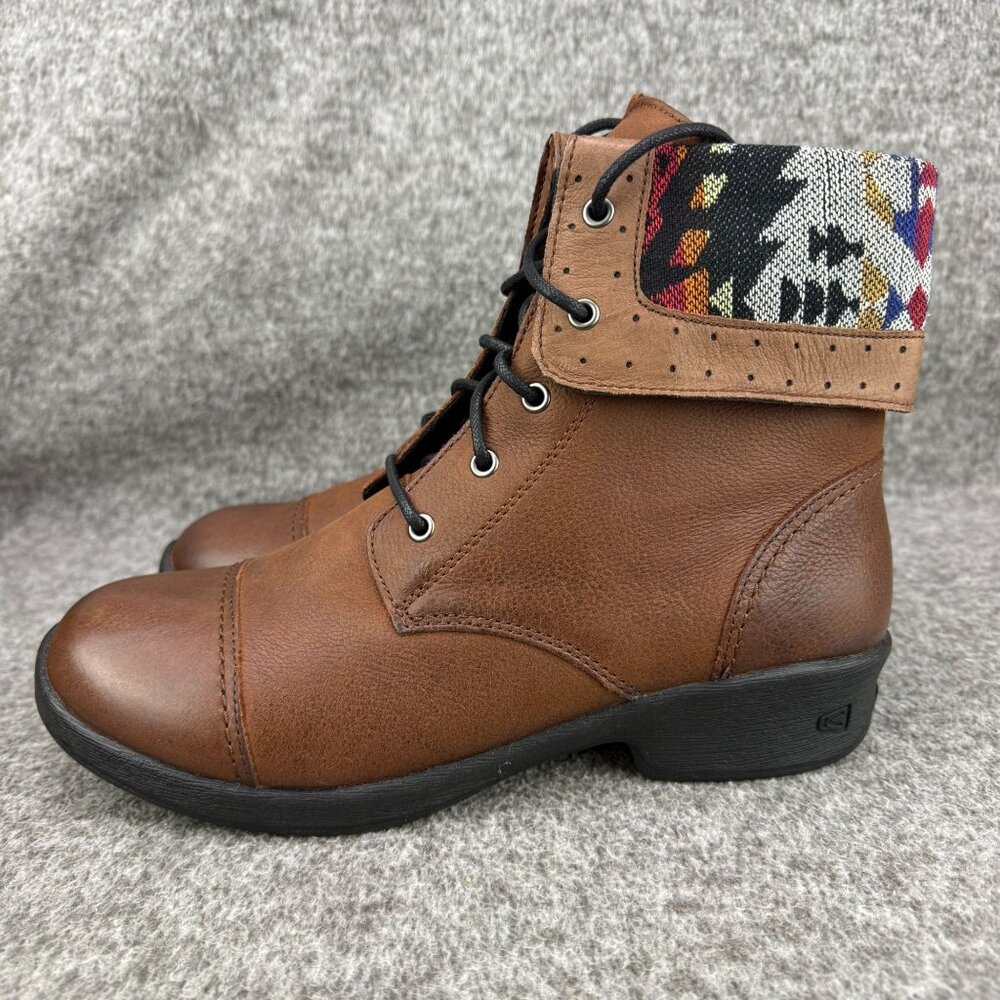 ✅Women's 10 Keen Tyretread Brown Leather Lace Up Ankle Boots Tortoise Shell Cuff - Picture 9 of 13